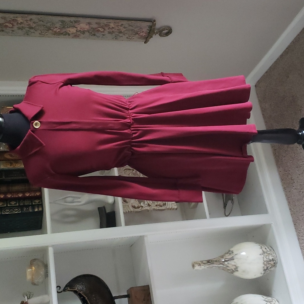 Burgundy long sleeve button down pleated waist dress